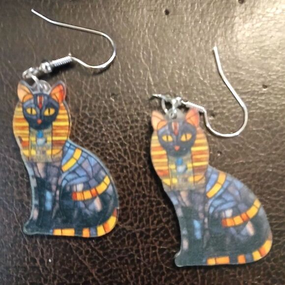 Stained Glass Egyptian Cat Earrings - Picture 2 of 4